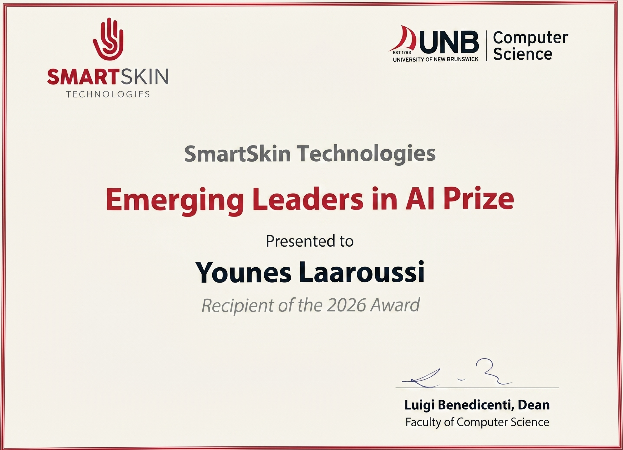 SmartSkin Technologies Emerging Leaders in AI Prize certificate presented to Younes Laaroussi as recipient of the 2026 award.